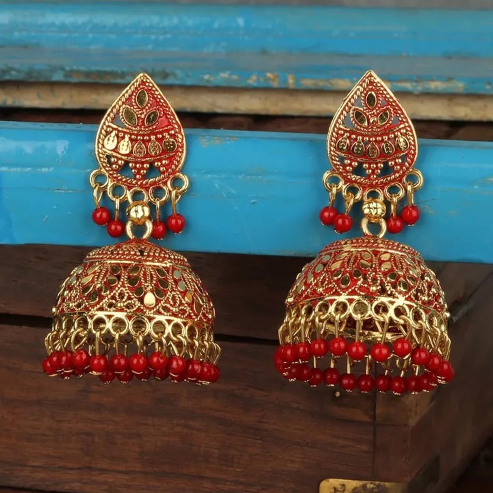 Red & Gold Indian Jhumka Earrings